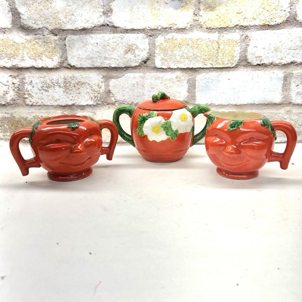 Tomato Face / Daisy ~ Sugar, Creamer, Made in Occupied Japan~ Handpainted 1940s